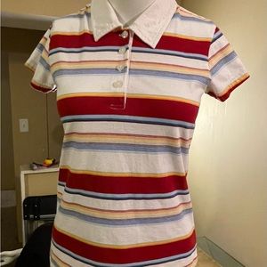 Multi-color stripe fitted polo shirt mark on the collar maybe pen junior size